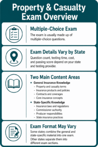 Infographic explaining the Property & Casualty Exam, including its multiple-choice format, state-specific exam details, main content areas, and possible differences in exam format.