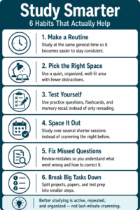 Infographic listing six study habits: routine, right space, self-testing, spacing sessions, fixing mistakes, and breaking tasks down, plus a note that active, organized study is better than cramming.