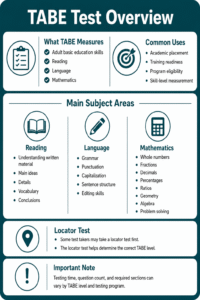Infographic detailing the TABE Test overview, including what it measures, common uses, main subject areas, locator test info, and an important note on test timing and sections.